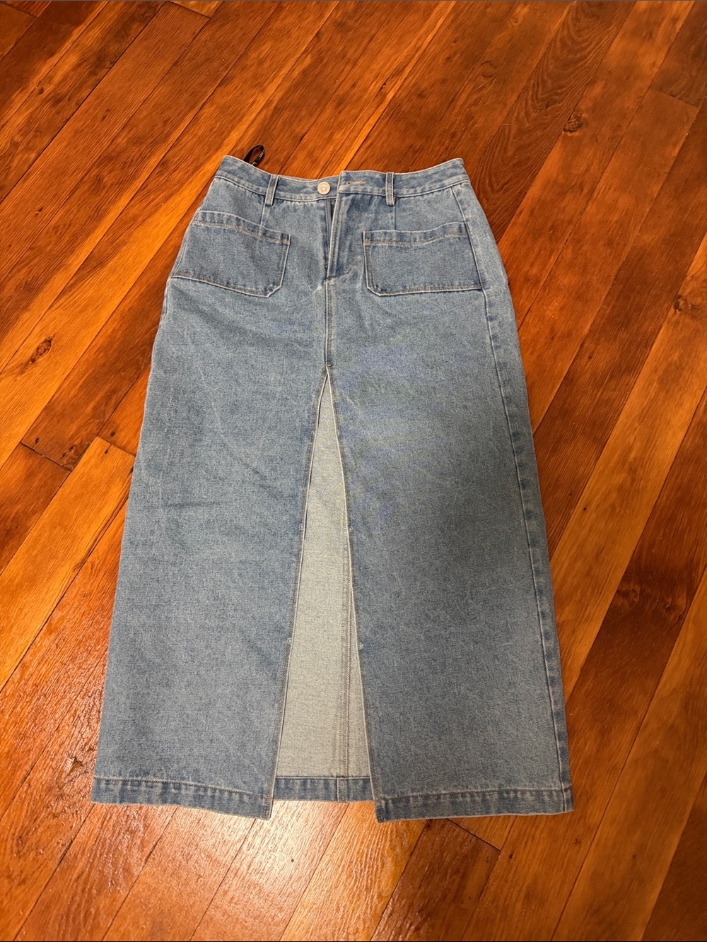 Light Blue Denim Maxi Skirt with Front Slit